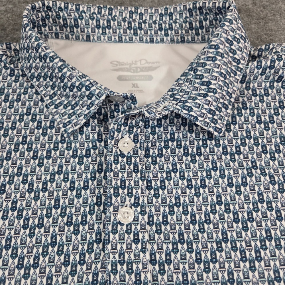 Straight Down Mens XL Performance Polo Shirt Blue White Speedboat Print Golf - Picture 3 of 10